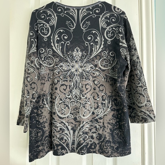 NWOT Vintage Cactus Bay Artsy Cross Floral Shirt size XXL. Black Gray. Sequins. - Picture 3 of 5
